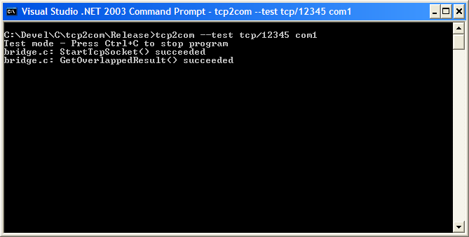 tcp2com in test mode